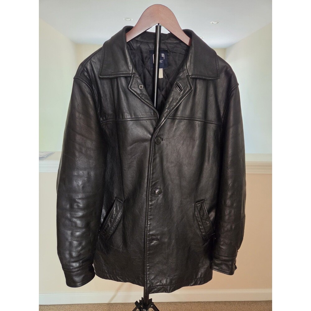 Vintage Black Gap Leather Jacket Button Up Car Coat Mid Length Long Sleeve Y2K
